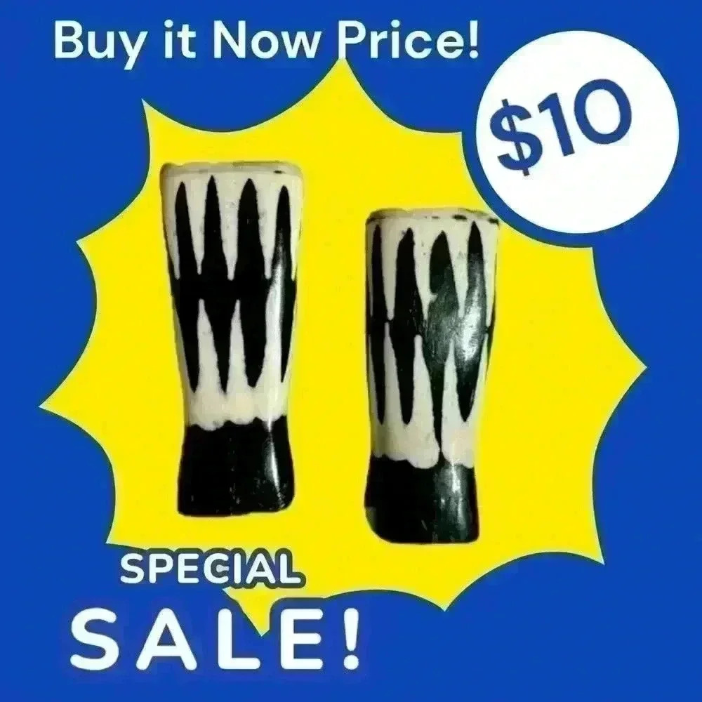 African Boho Natural Bone Salt and Pepper Shaker. 3” Black and White Art Deco